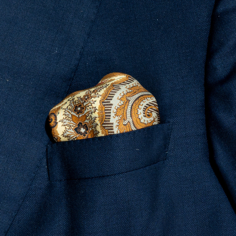 Yellow & Black Printed Pure Silk Twill Pocket Handkerchief