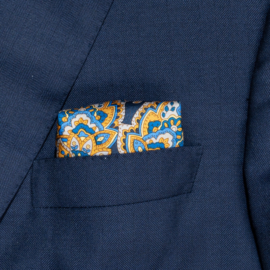 Deep Yellow & Navy Pure Silk Twill Pocket Handkerchief