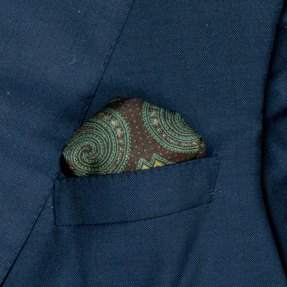 Dark Green Printed Pure Silk Twill Pocket Handkerchief