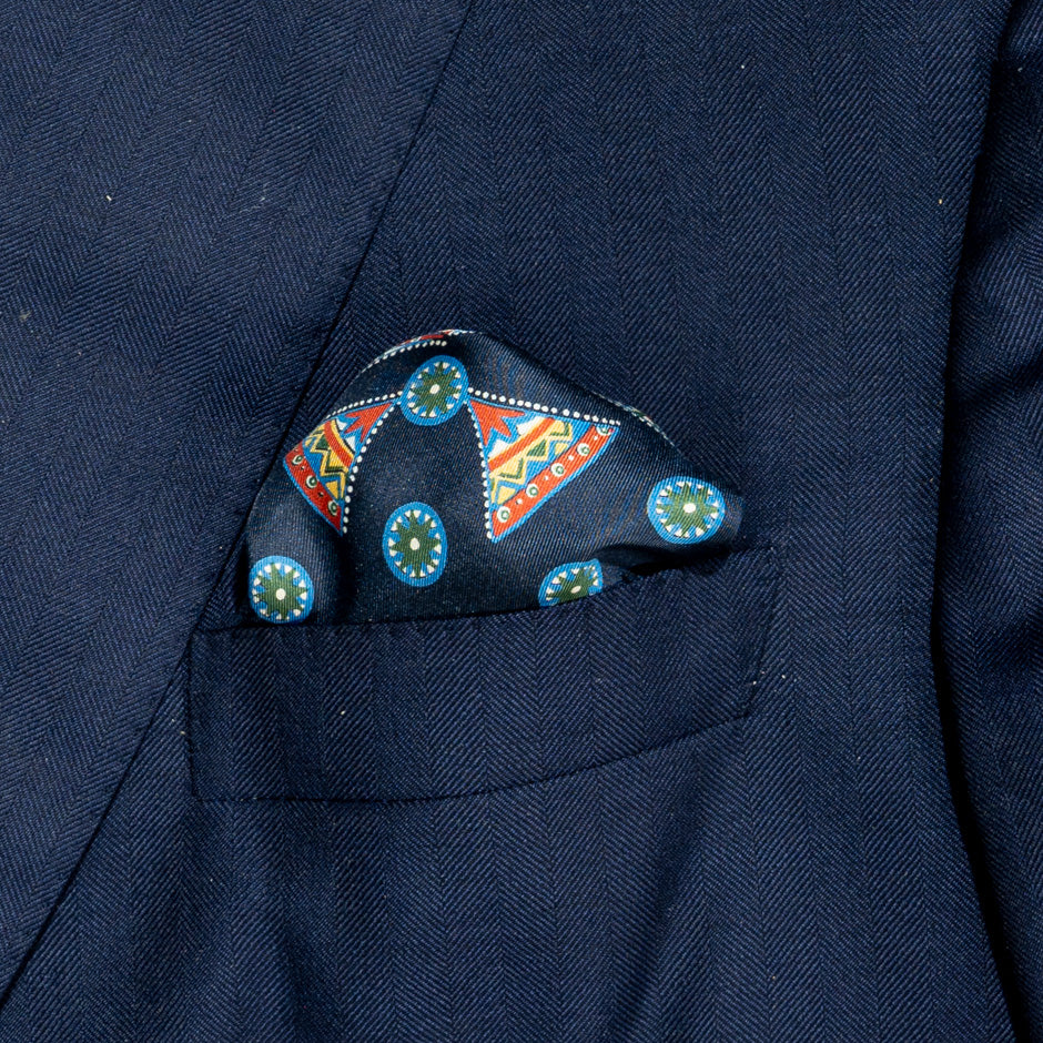 Patterned Dark Blue Pure Silk Pocket Handkerchief