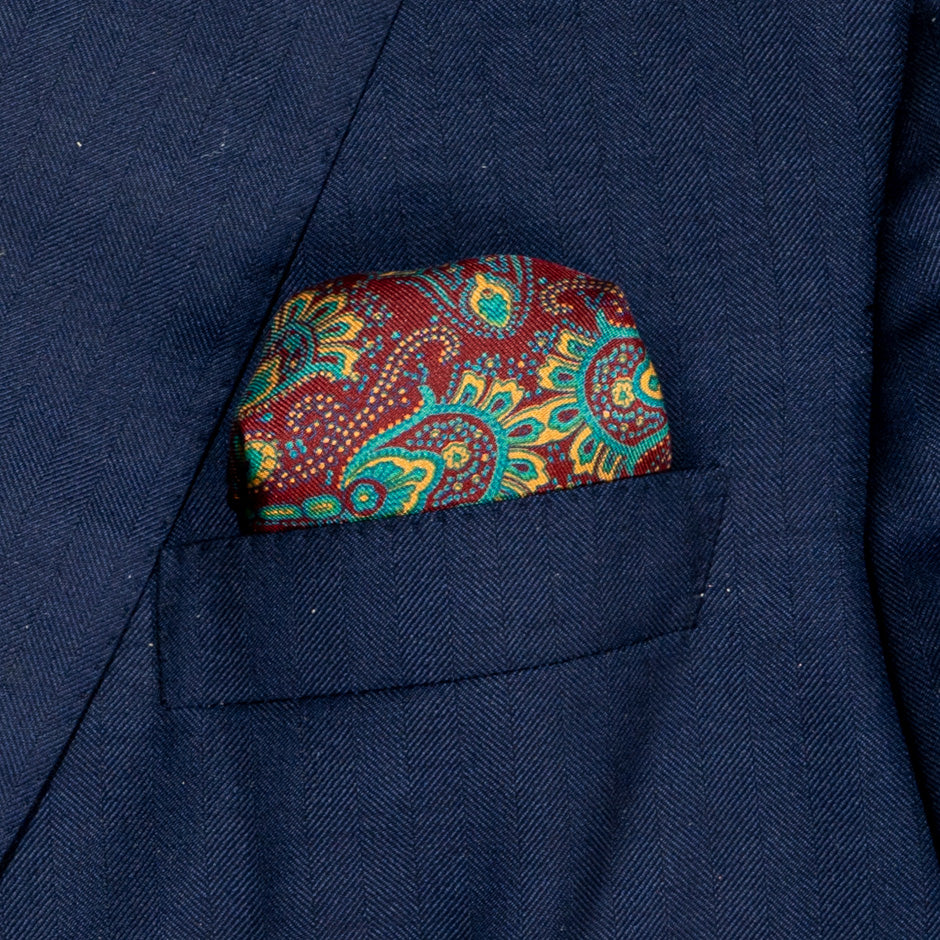 Turquoise Printed Burgundy Pure Silk Twill Pocket Handkerchief