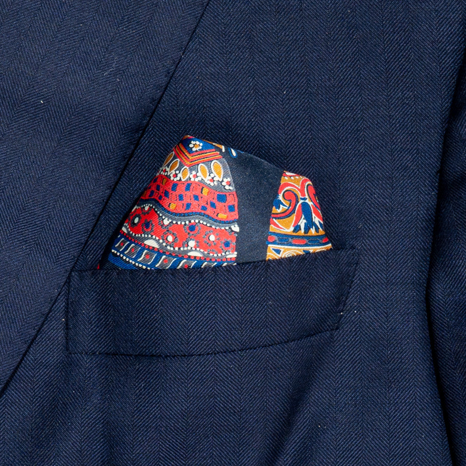 Patterned Navy Blue Pure Silk Pocket Handkerchief