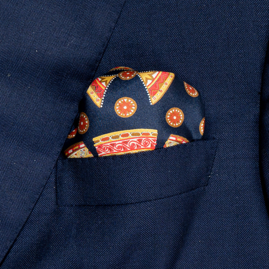 Orange Patterned Blue Pure Silk Pocket Handkerchief