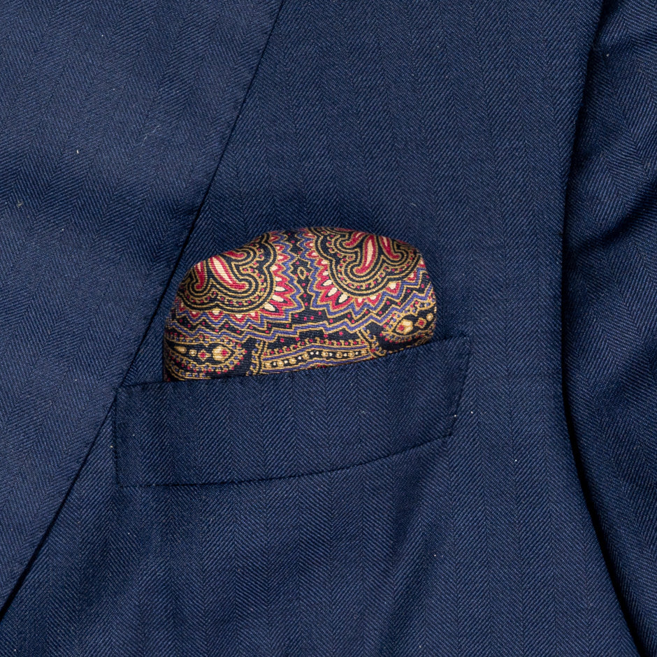 Paisley Printed Red & Navy Silk Twill Pocket Handkerchief