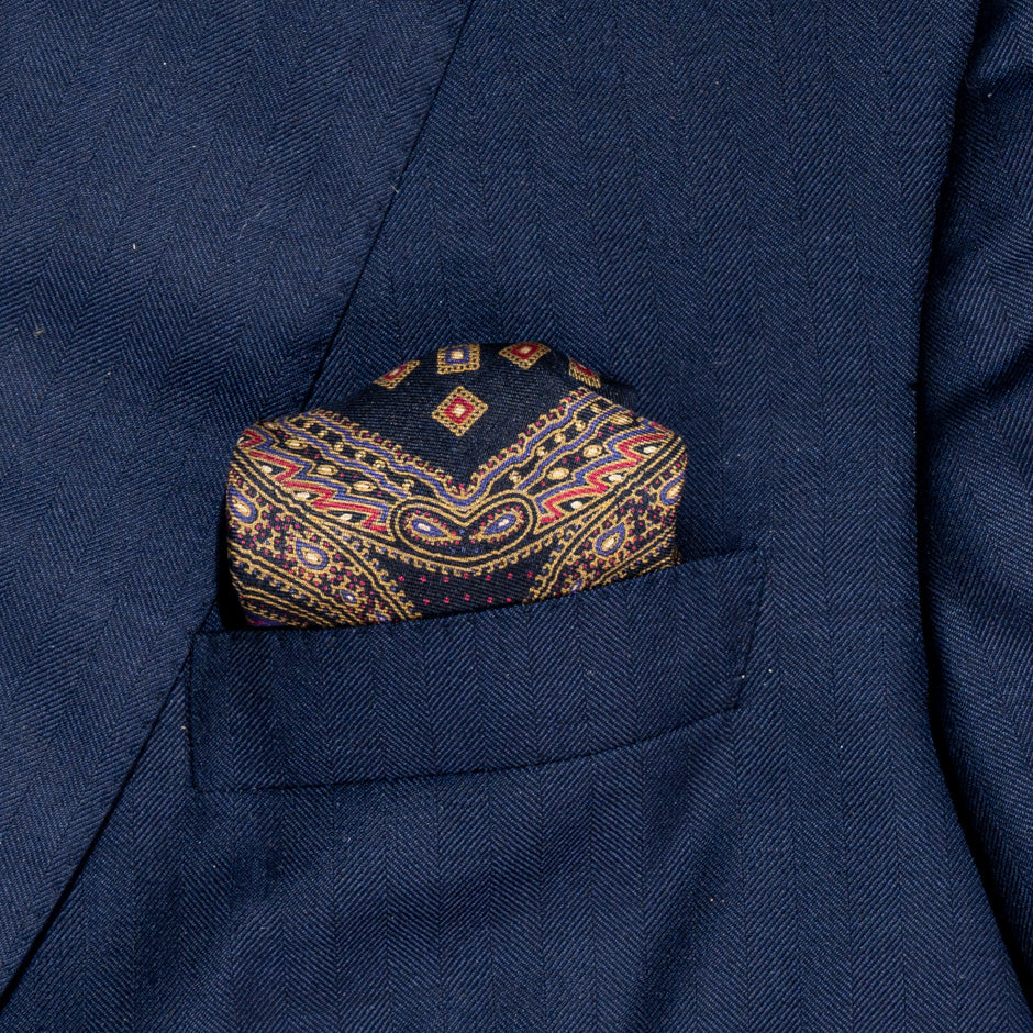 Navy Blue Printed Silk Twill Pocket Handkerchief