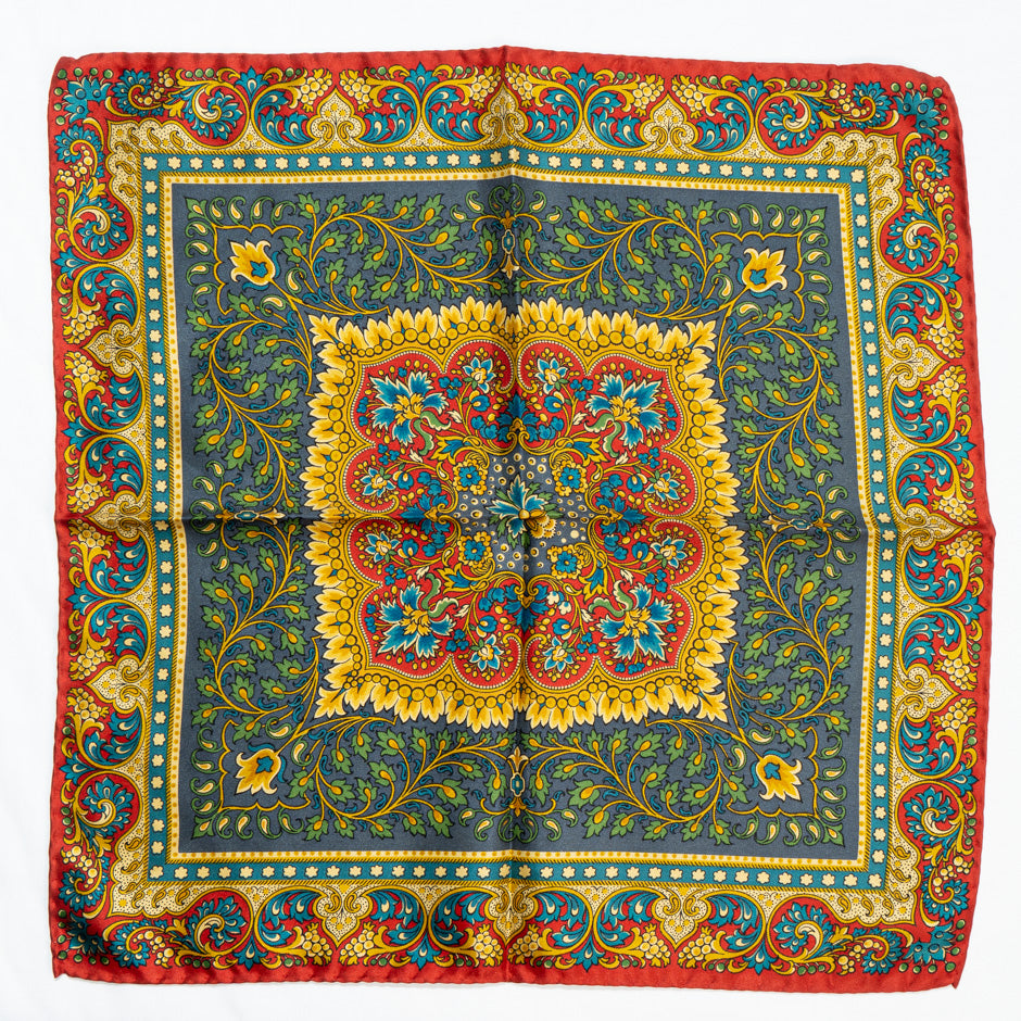 Yellow, Grey & Red Printed Silk Twill Pocket Handkerchief