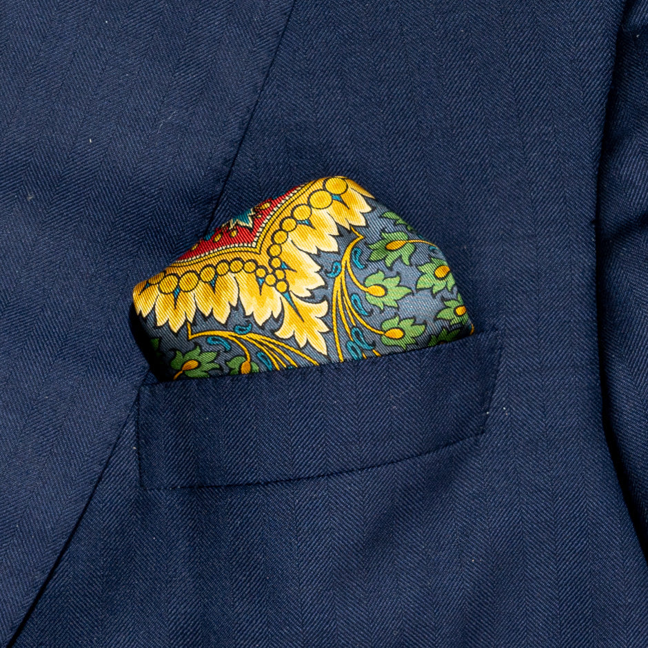 Yellow, Grey & Red Printed Silk Twill Pocket Handkerchief