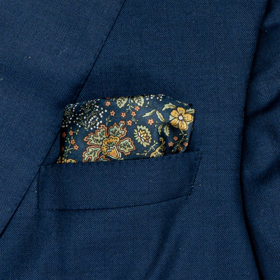 Yellow Floral Printed Silk Twill Pocket Handkerchief