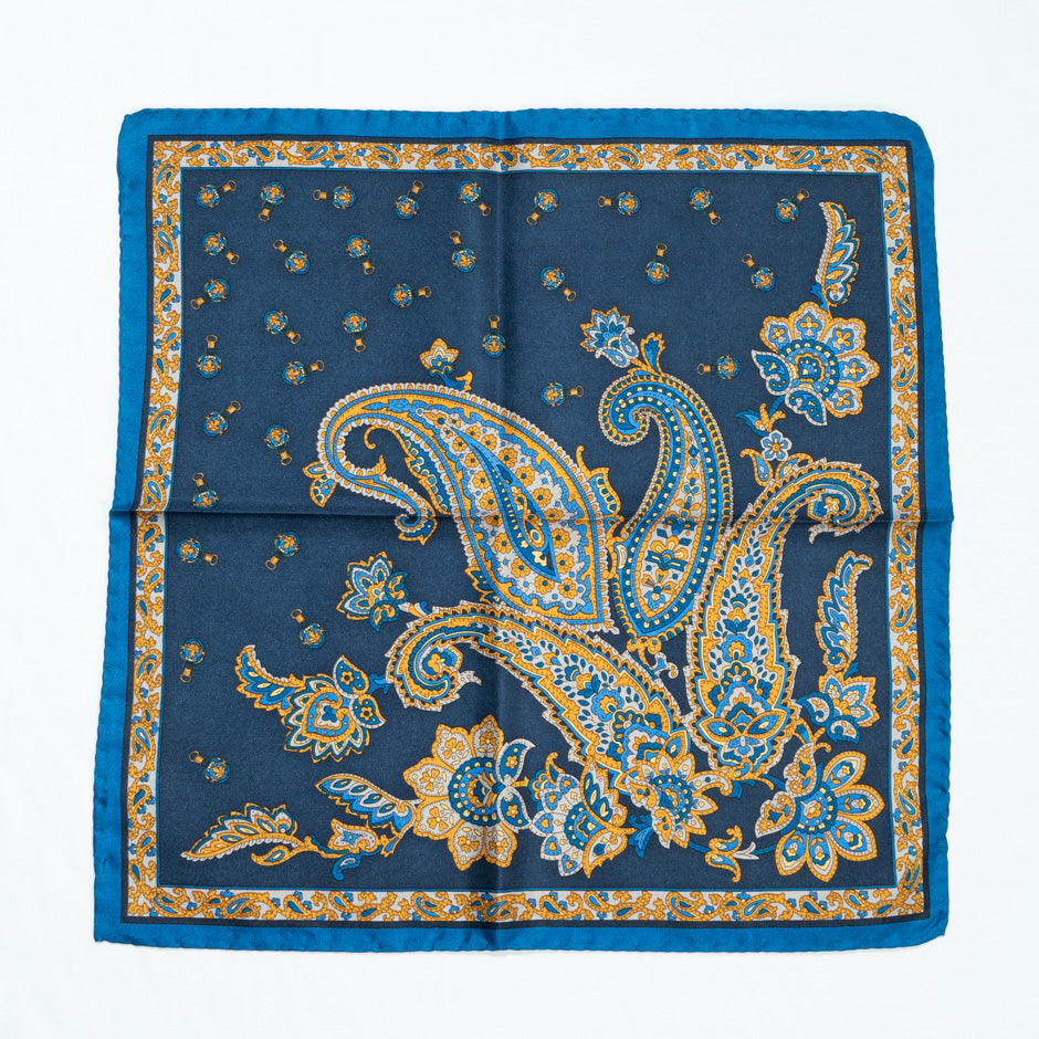 Deep Yellow & Navy Pure Silk Twill Pocket Handkerchief