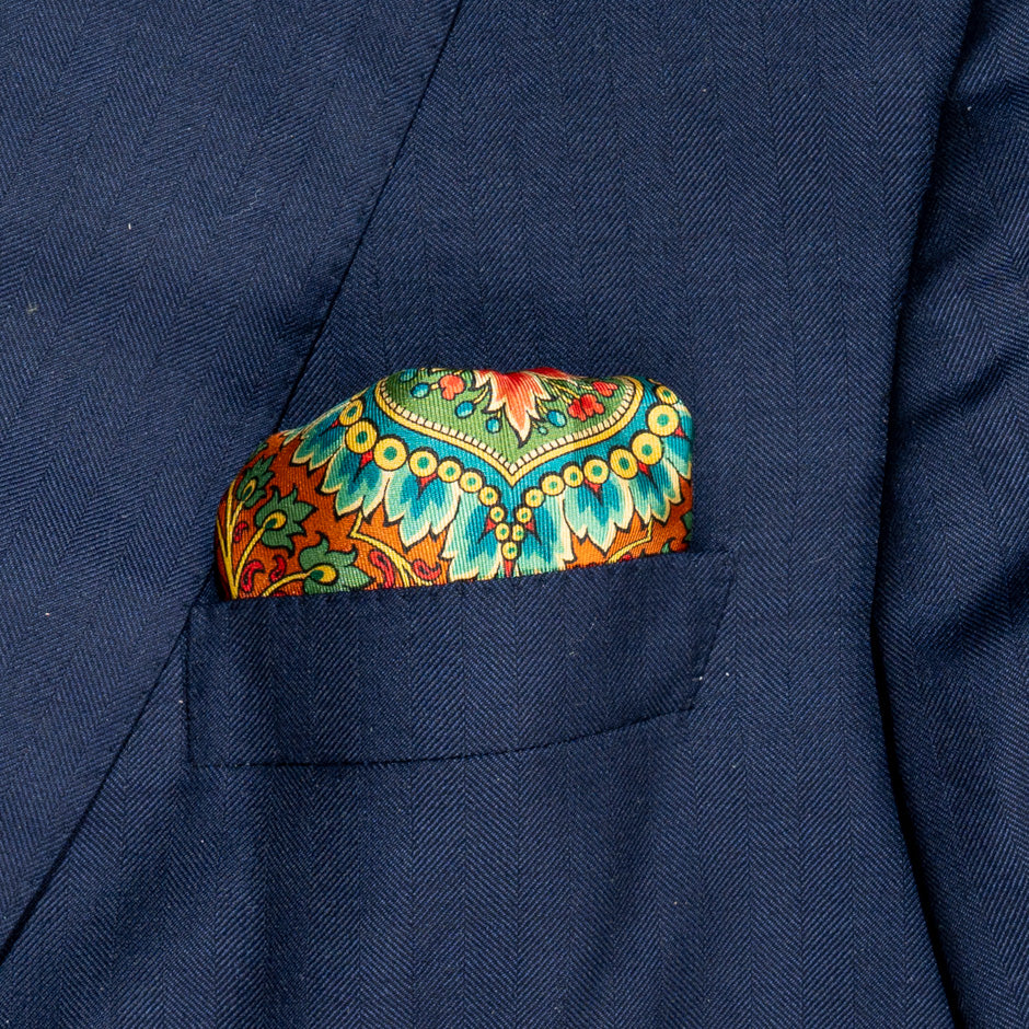 Blue, Orange & Yellow Patterned Silk Twill Pocket Handkerchief