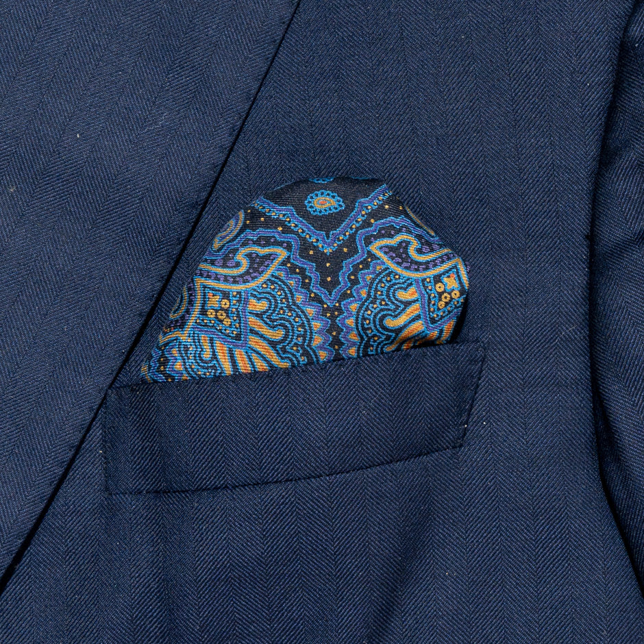 Paisley Printed Blue Silk Twill Pocket Handkerchief