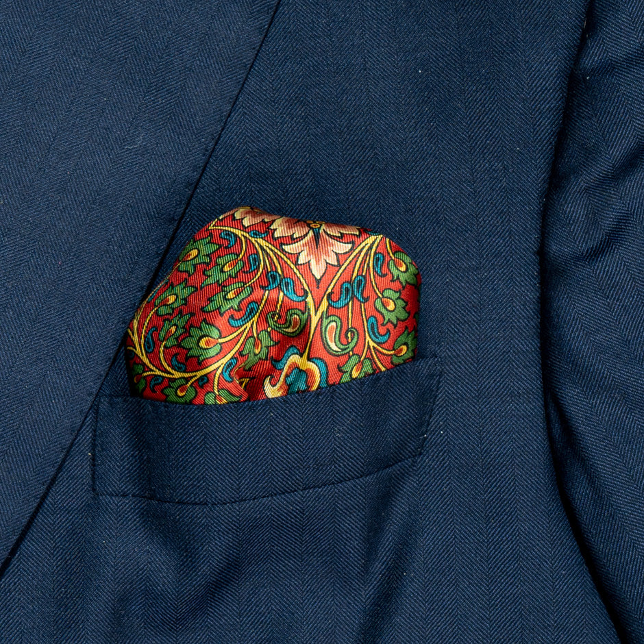 Green, Blue & Red Printed Silk Twill Pocket Handkerchief