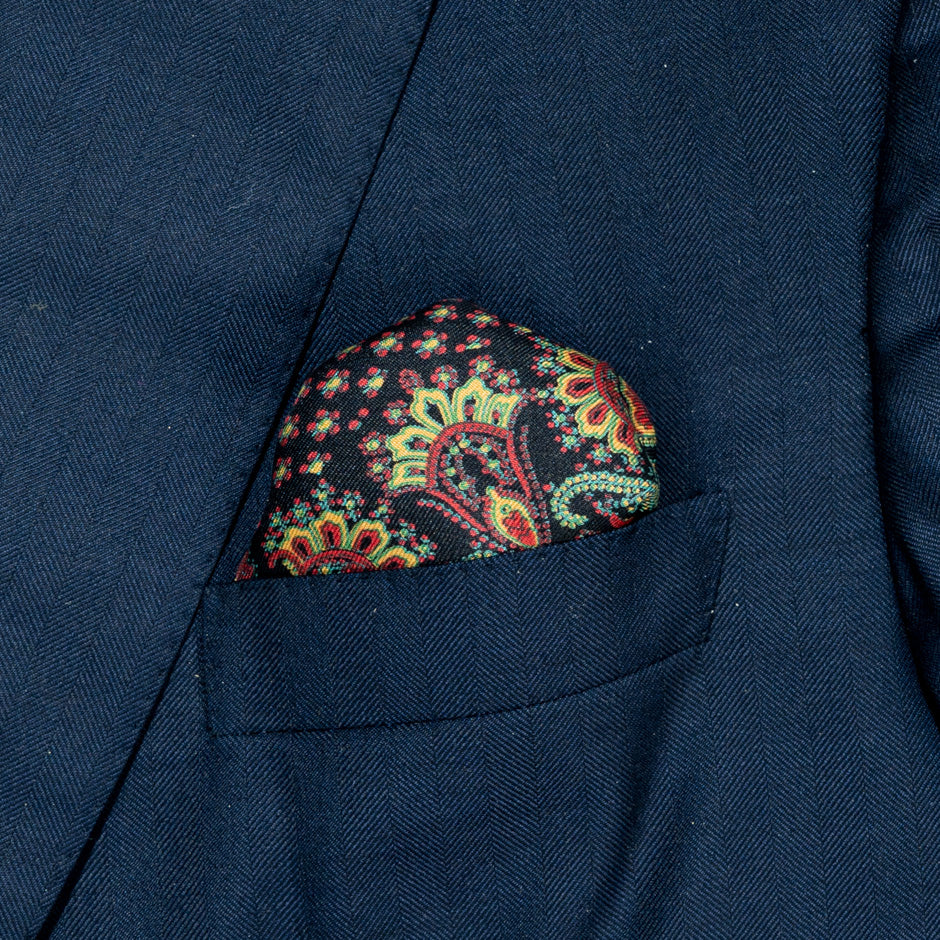 Red & Yellow Printed Midnight Blue Silk Twill Pocket Handkerchief