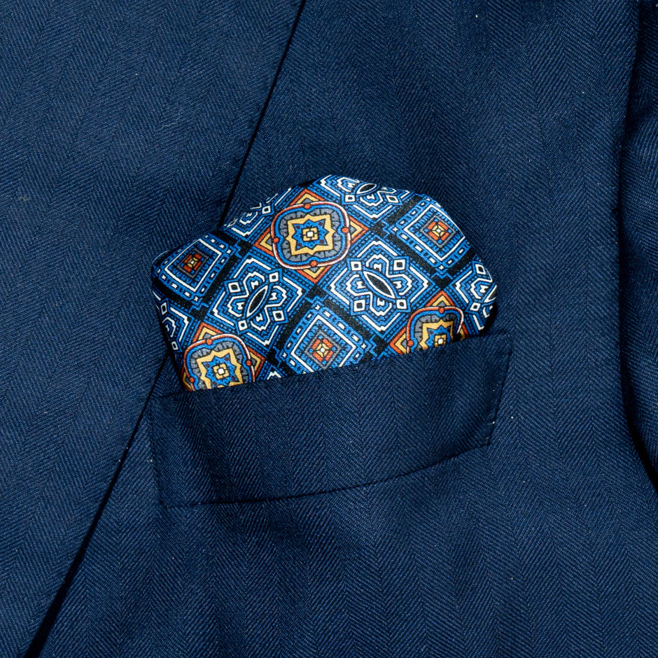 Dark Blue & Yellow Pure Silk Satin Pocket Handkerchief