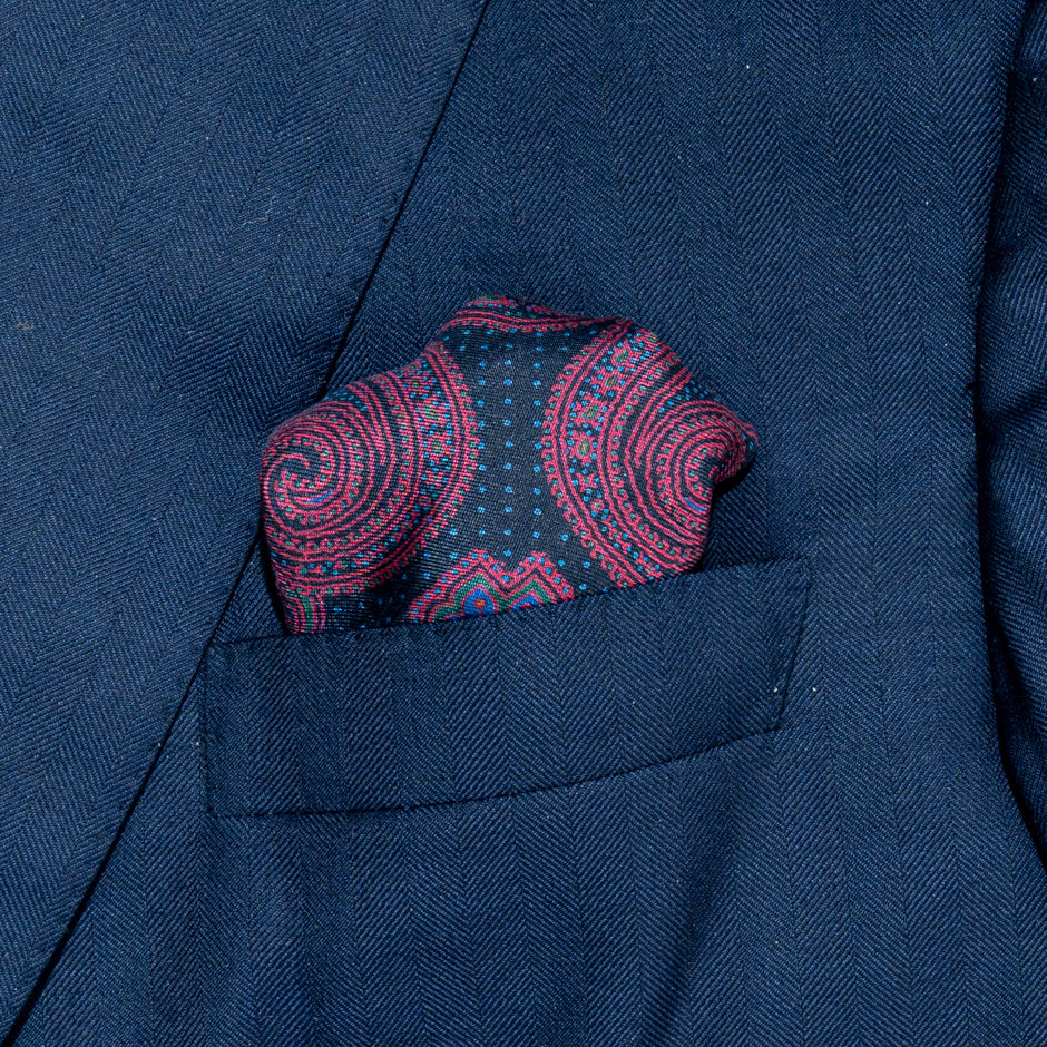 Multi Printed Blue Silk Twill Pocket Handkerchief