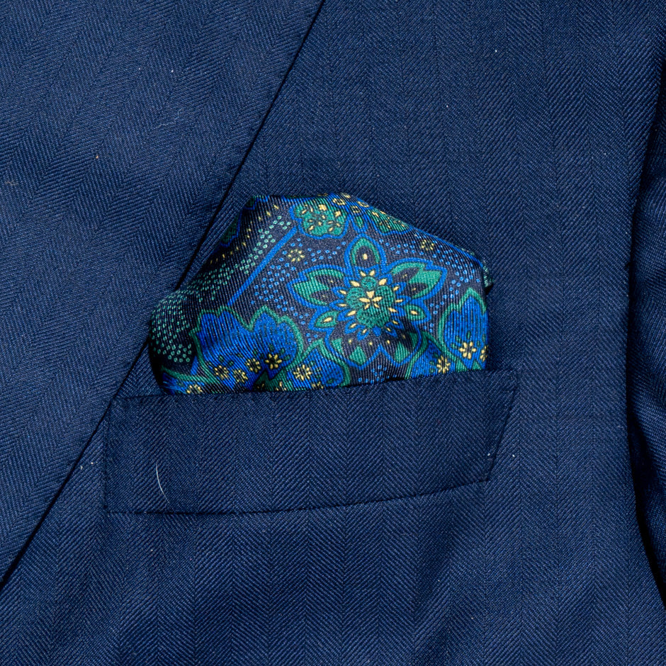 Royal Blue & Green Pure Silk Twill Pocket Handkerchief