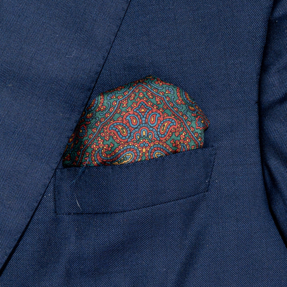 Multi Paisley Printed Green Silk Twill Pocket Handkerchief