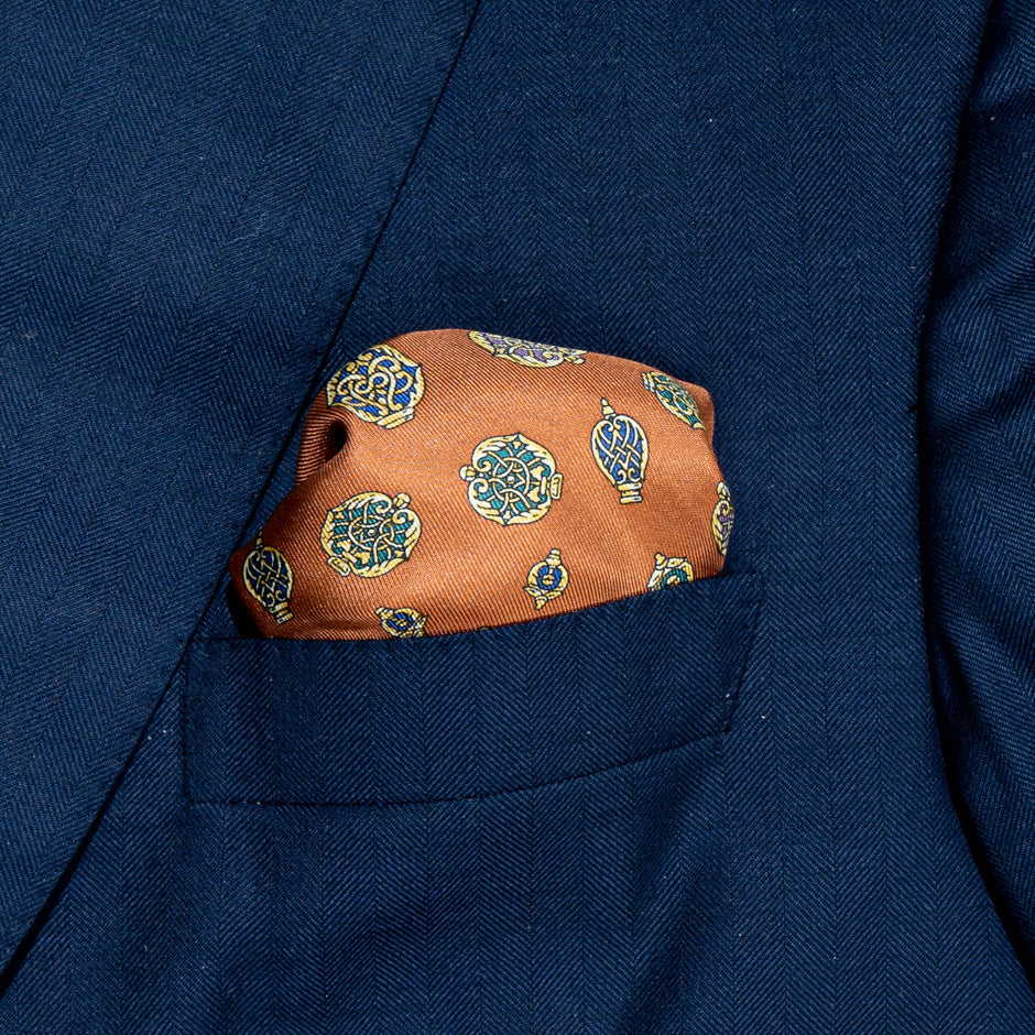 Rust Brown Printed Silk Twill Pocket Handkerchief