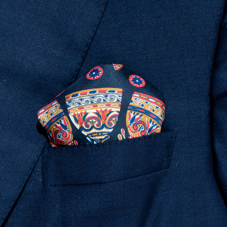 Patterned Midnight Blue Pure Silk Pocket Handkerchief