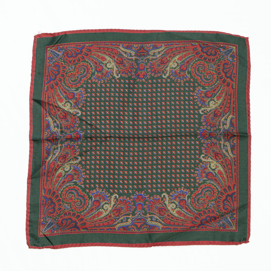 Red Paisley Printed Green Silk Twill Pocket Handkerchief