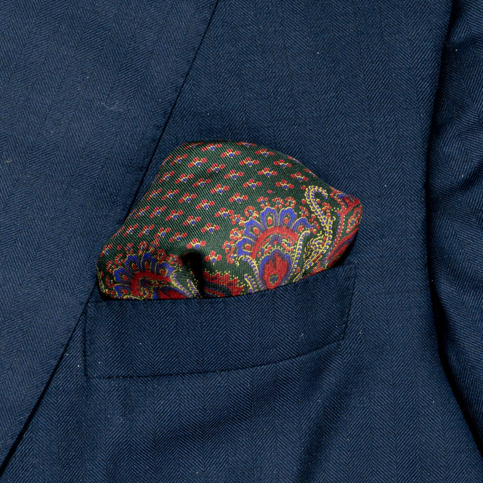 Red Paisley Printed Green Silk Twill Pocket Handkerchief
