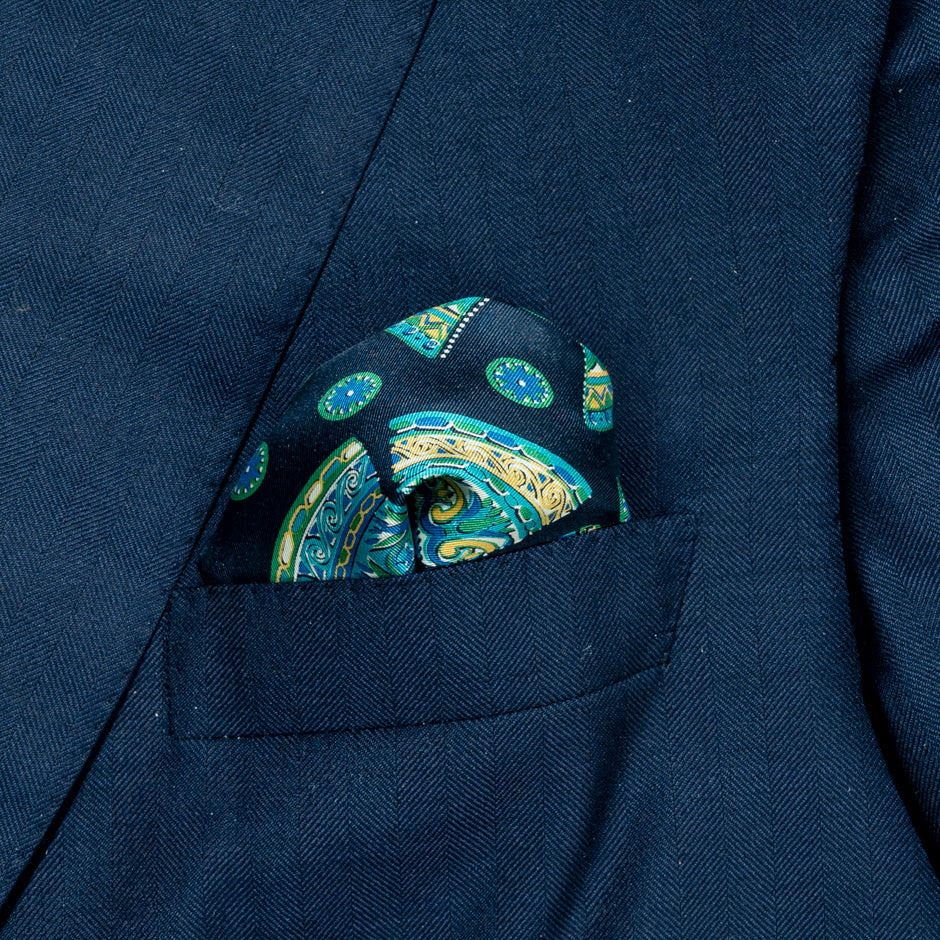 Green Patterned Blue Pure Silk Pocket Handkerchief