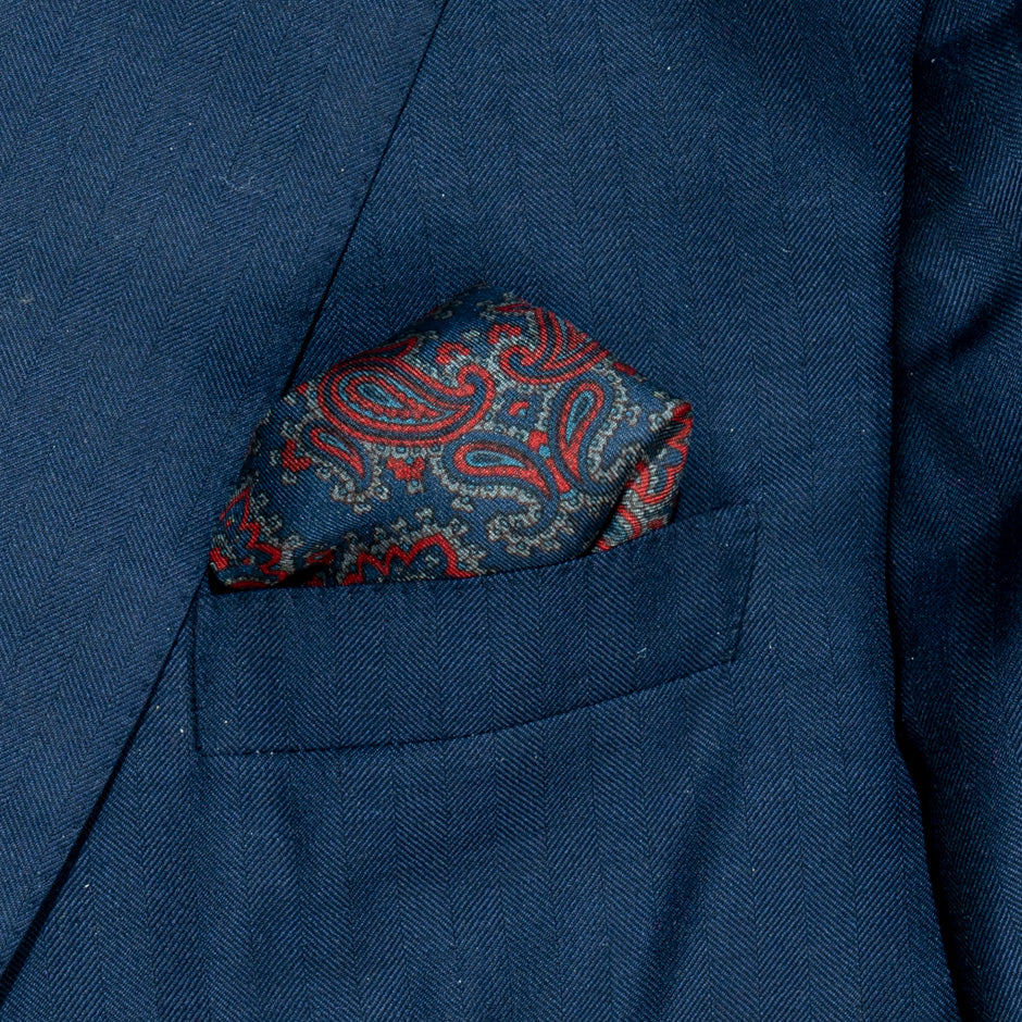 Red & Blue Paisley Printed Silk Twill Pocket Handkerchief