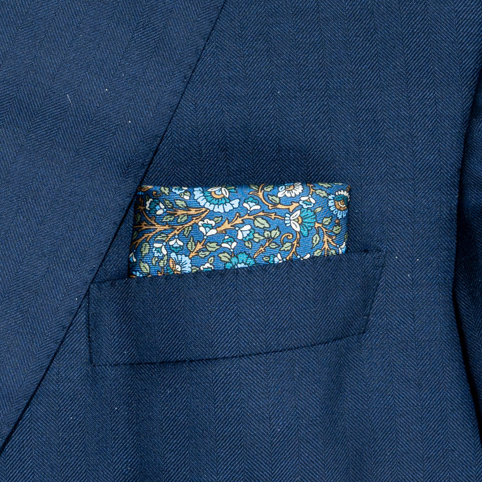 Blue & Orange Floral Pure Silk Twill Pocket Handkerchief