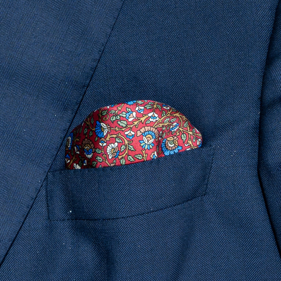Beige & Blue Floral Red Pure Silk Twill Pocket Handkerchief