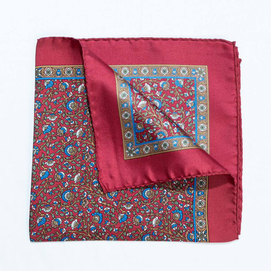 Beige & Blue Floral Red Pure Silk Twill Pocket Handkerchief