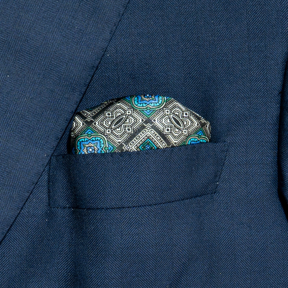 Bottle Green & Sky Blue Pure Silk Twill Pocket Handkerchief