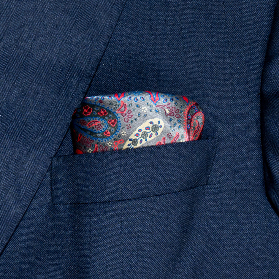 Red, Blue & Grey Pure Silk Satin Pocket Handkerchief