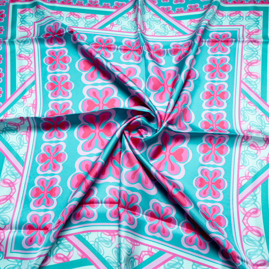Pink & Aqua Blue Printed Pure Silk Scarf