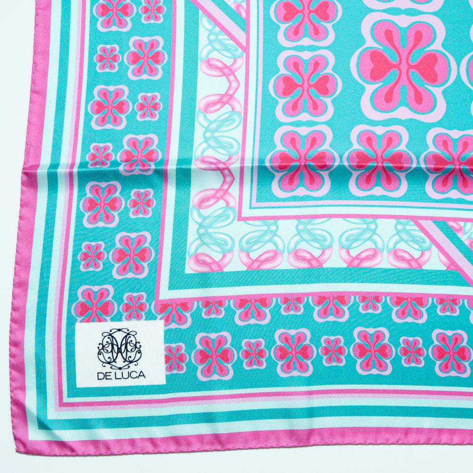 Pink & Aqua Blue Printed Pure Silk Scarf