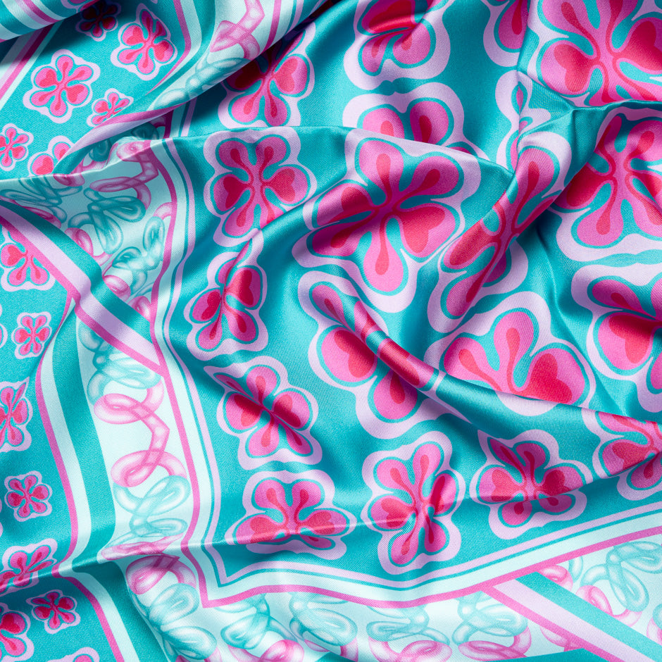 Pink & Aqua Blue Printed Pure Silk Scarf