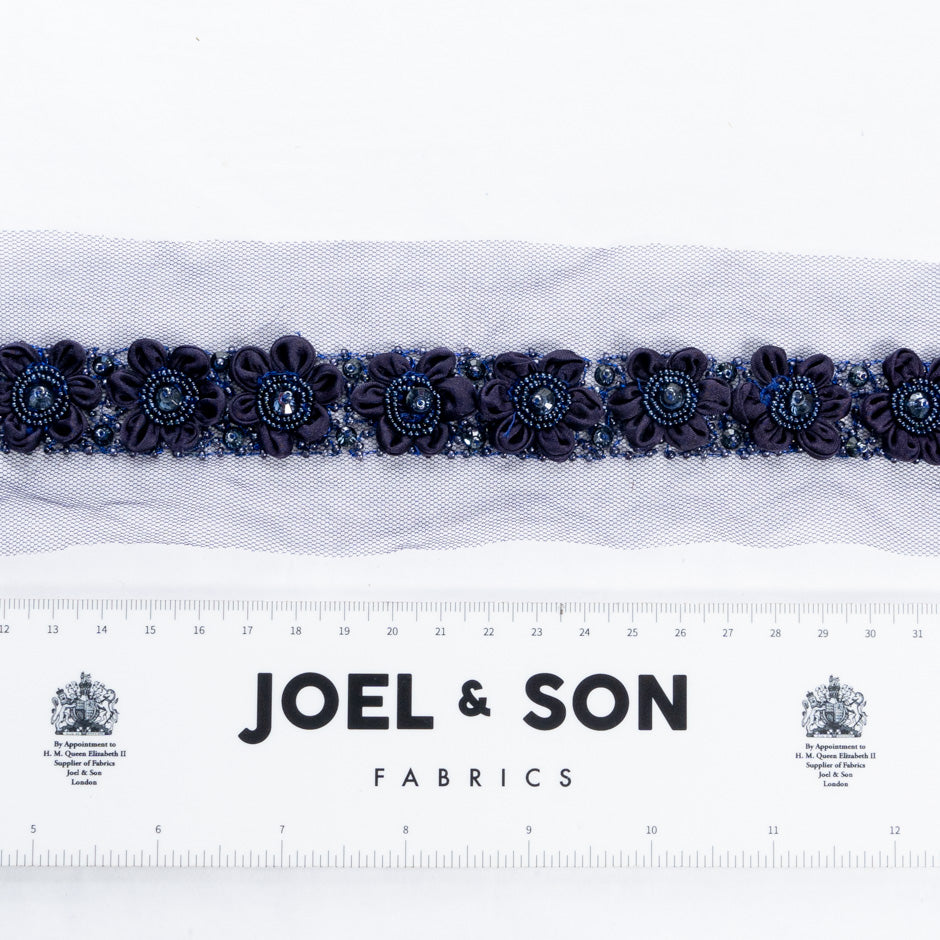 Navy Blue Floral Beaded Tulle Trim
