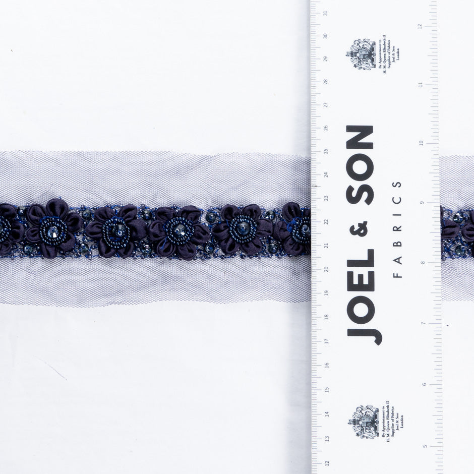 Navy Blue Floral Beaded Tulle Trim
