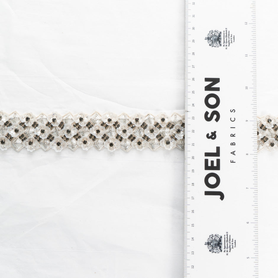 Ivory Floral & Grey Beaded Trim
