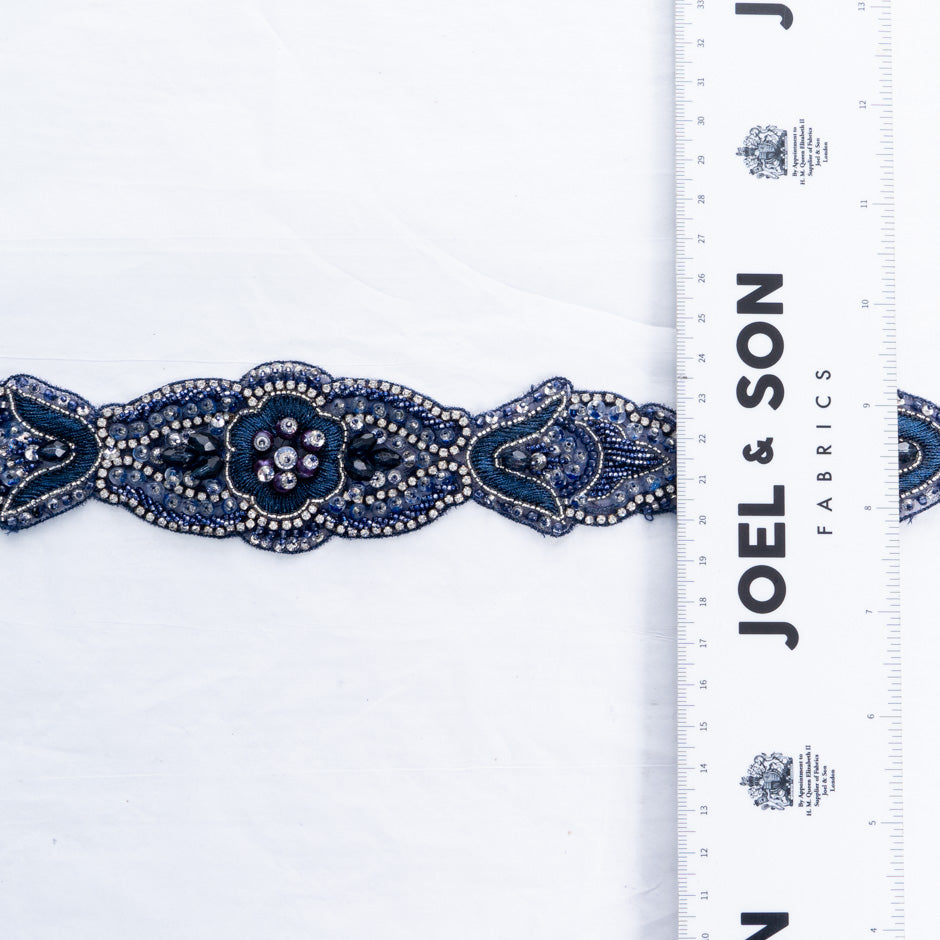 Dark Blue Diamanté & Beaded Floral Trim