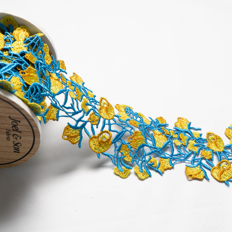 Yellow/Orange Floral Blue Guipure Trim