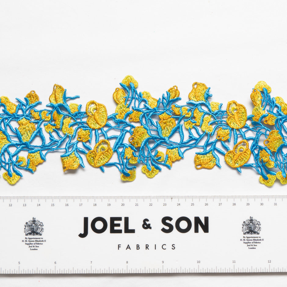Yellow/Orange Floral Blue Guipure Trim