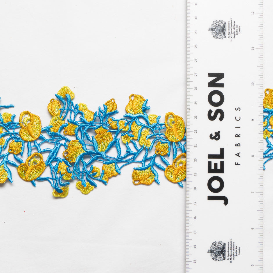 Yellow/Orange Floral Blue Guipure Trim