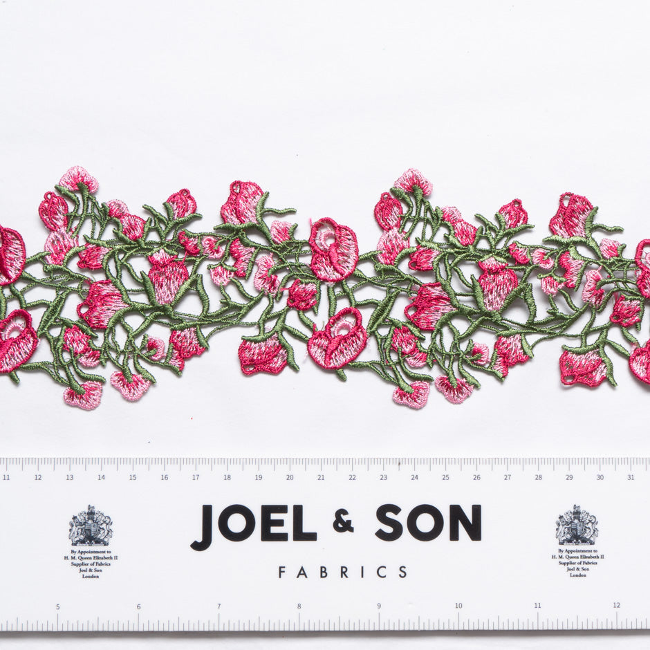 Pink Floral Green Guipure Trim