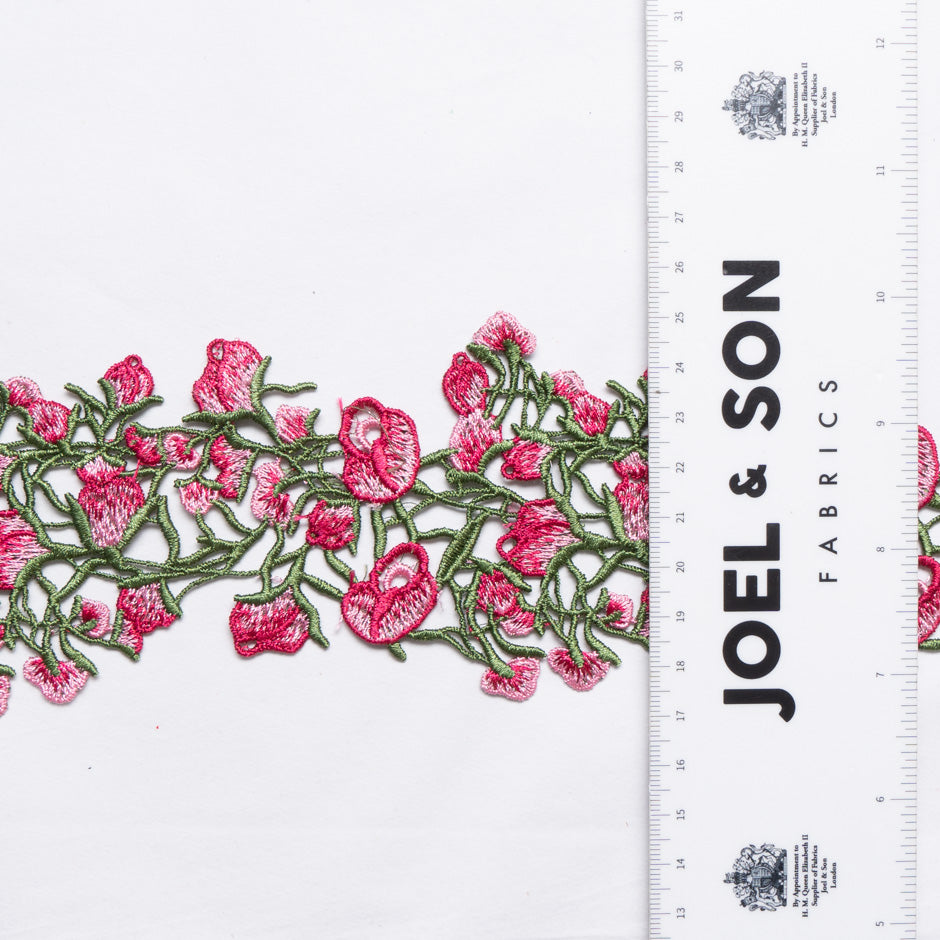 Pink Floral Green Guipure Trim