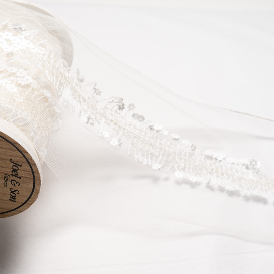 White Floral Sequin Hand Embroidered Trim