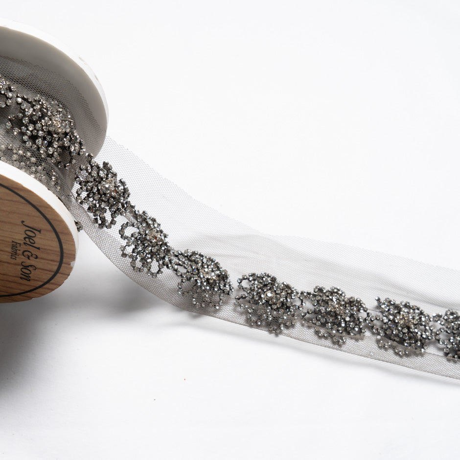 Floral Diamanté Dark Grey Tulle Trim