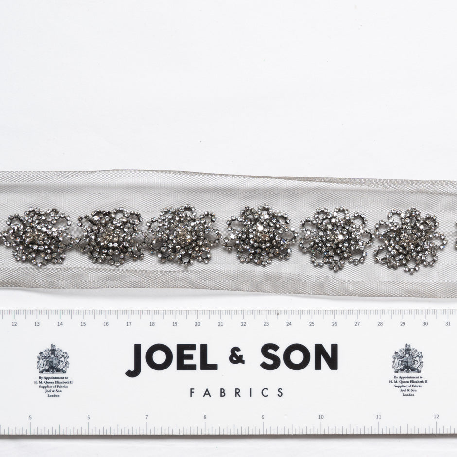Floral Diamanté Dark Grey Tulle Trim