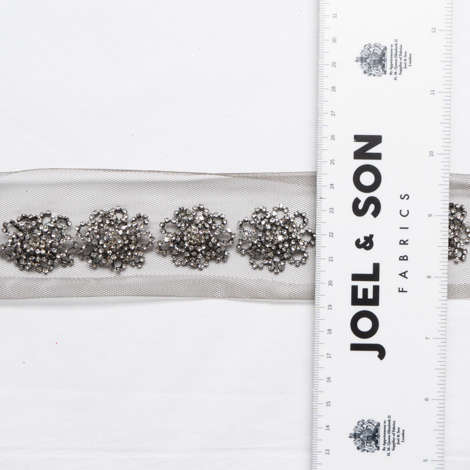 Floral Diamanté Dark Grey Tulle Trim