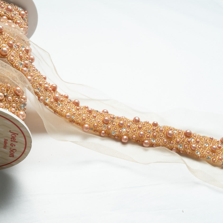 Peach Faux Pearl & Beaded Tulle Trim