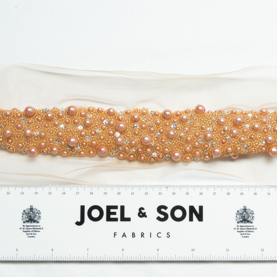 Peach Faux Pearl & Beaded Tulle Trim